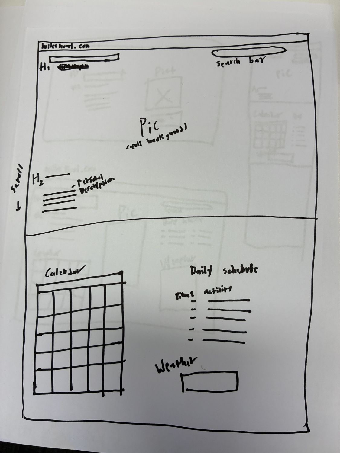 Hand-drawn pencil layout of this website on notebook paper, showing a header, a full-width photo, and a lower band of panels.